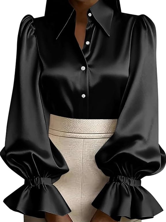 Womens Button Down Shirts Ruffle Puffed Long Sleeve Dressy Shirts Collared Satin Blouses Work Office Casual Solid Tops, Size S-2XL