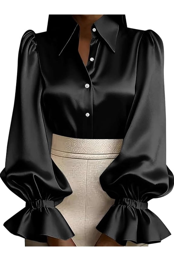 Womens Button Down Shirts Ruffle Puffed Long Sleeve Dressy Shirts Collared Satin Blouses Work Office Casual Solid Tops, Size S-2XL