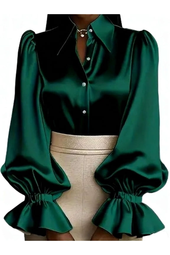 Womens Button Down Shirts Ruffle Puffed Long Sleeve Dressy Shirts Collared Satin Blouses Work Office Casual Solid Tops, Size S-2XL