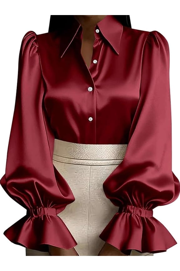Womens Button Down Shirts Ruffle Puffed Long Sleeve Dressy Shirts Collared Satin Blouses Work Office Casual Solid Tops, Size S-2XL