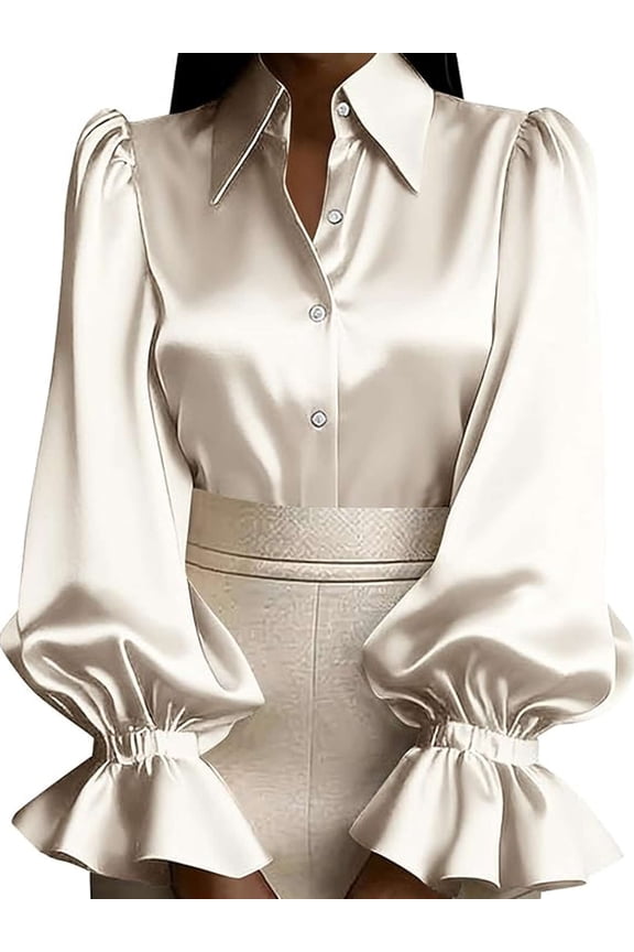 Womens Button Down Shirts Ruffle Puffed Long Sleeve Dressy Shirts Collared Satin Blouses Work Office Casual Solid Tops, Size S-2XL