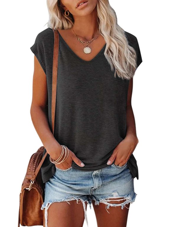 Womens Cap Sleeve Blouses T-Shirt V Neck Casual Loose Fit Basic Shirts Tank Tops Summer Tee (M,Black)