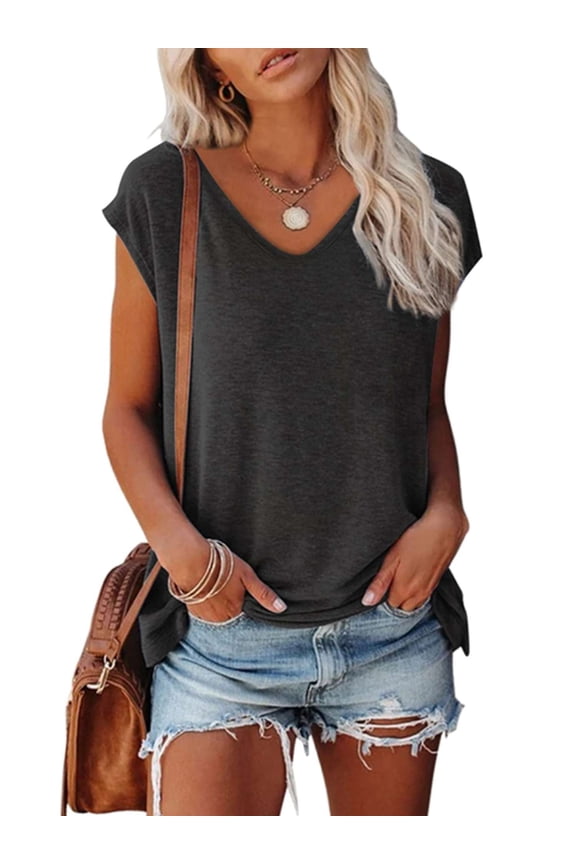 Womens Cap Sleeve Blouses T-Shirt V Neck Casual Loose Fit Basic Shirts Tank Tops Summer Tee (XL,Black)