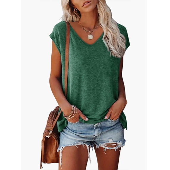 Spencer Womens Cap Sleeve Blouses T-Shirt V Neck Casual Loose Fit Basic Shirts Tank Tops Summer Tee (XL,Green)