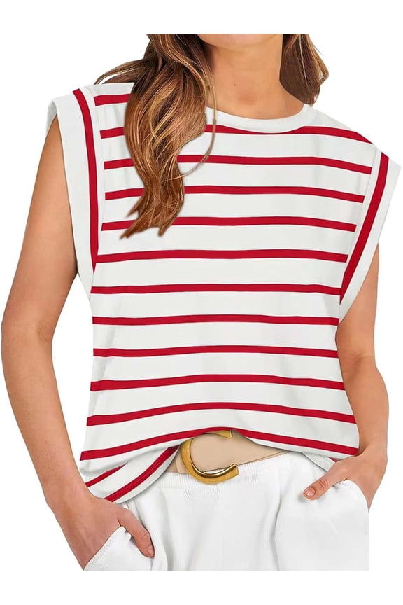 Womens Cap Sleeve Tops Casual Crewneck Tank Tops Summer Basic Tee Shirts Loose Striped T-Shirts Fashion (L, Red)