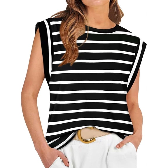 Spencer Womens Cap Sleeve Tops Casual Crewneck Tank Tops Summer Basic Tee Shirts Loose Striped T-Shirts Fashion (S, Black)