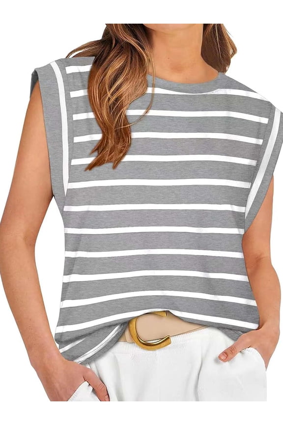 Womens Cap Sleeve Tops Casual Crewneck Tank Tops Summer Basic Tee Shirts Loose Striped T-Shirts Fashion (S, Gray)