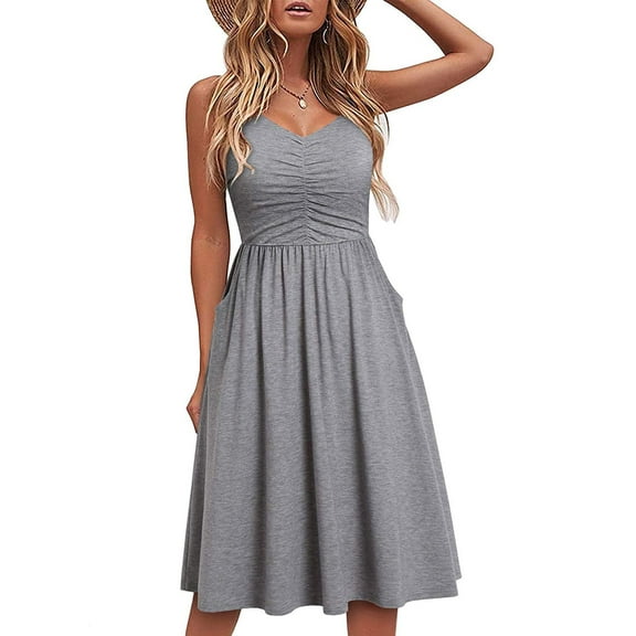 Spencer Womens Casual Summer Sleeveless Dresses V-Neck A Line Spaghetti Strap Sundresses with Pockets (XL, Gray)