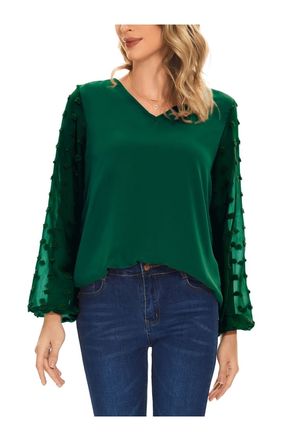 Womens Chiffon Lantern Sleeve Blouse Swiss Dot Tops V Neck Long Sleeve Casual Business Shirts "Green, S"