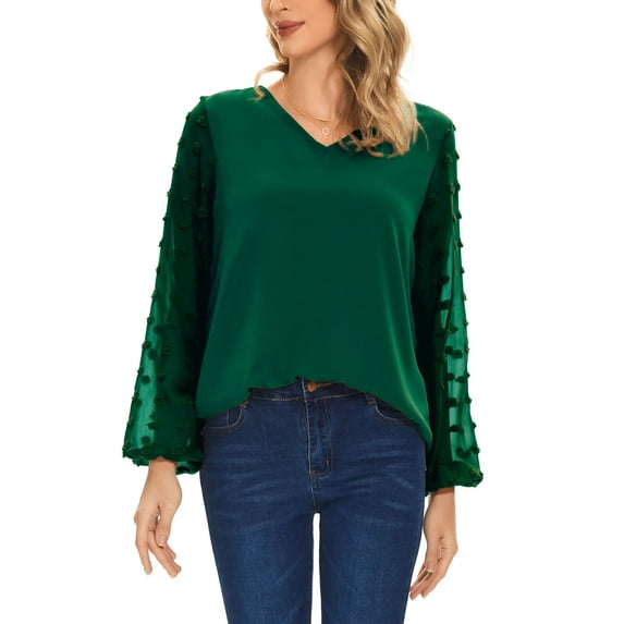 Spencer Womens Chiffon Lantern Sleeve Blouse Swiss Dot Tops V Neck Long Sleeve Casual Business Shirts "Green, XL"