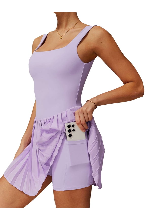 Womens Dress Square Neck Tennis Dress Pleated Sleeveless Built in Bra & Shorts Golf Athletic Dress with Pockets (M,Purple)