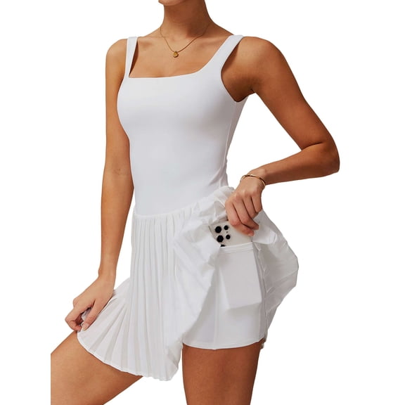 Spencer Womens Dress Square Neck Tennis Dress Pleated Sleeveless Built in Bra & Shorts Golf Athletic Dress with Pockets (XL,White)