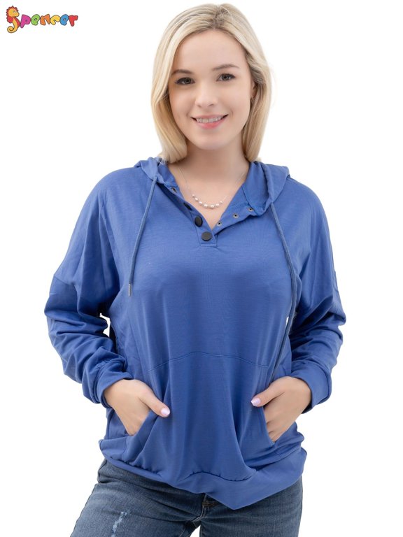 Womens Fashion Hoodies Sweatshirt Long Sleeve Button Drawstring Pullover Tops with Pockets (S, Blue)