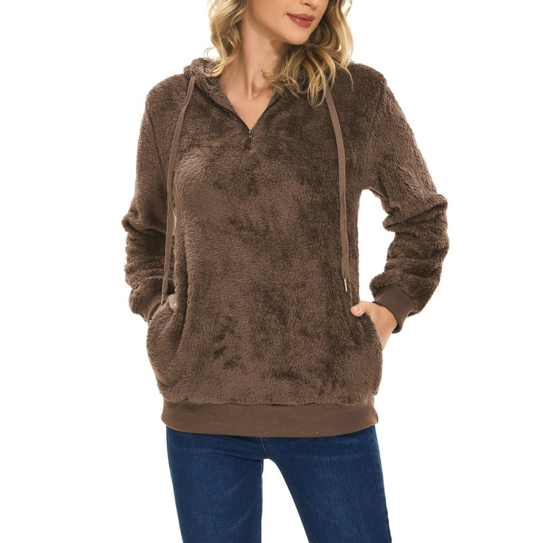 Spencer Womens Faux Sherpa Fuzzy Fleece Sweatshirt Loose Winter Warm Pullover Half Zip Oversized Hoodies with Pockets Size M 3XL