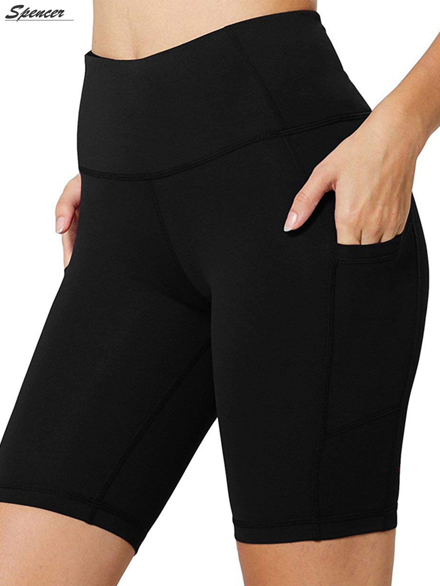 Spencer Womens High Waist Yoga Shorts with Side Pockets Tummy Control Workout 4 Way Stretch Yoga Leggings "M, Black" - image 1 of 9
