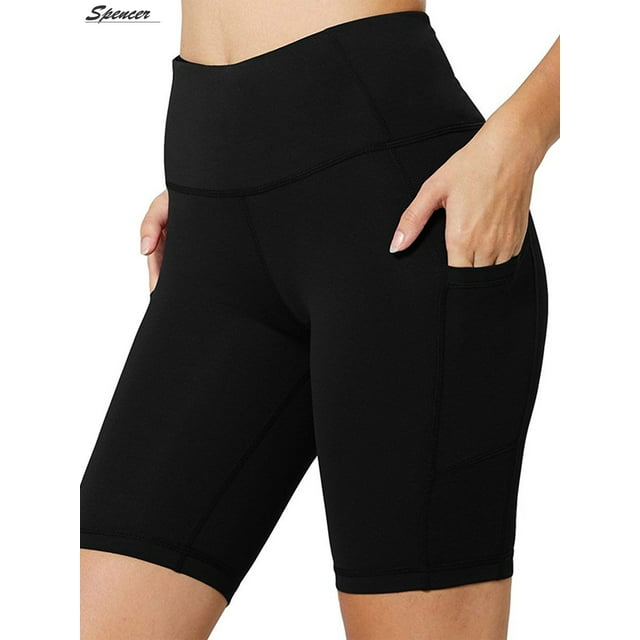 Spencer Womens High Waist Yoga Shorts with Side Pockets Tummy Control Workout 4 Way Stretch Yoga Leggings "M, Black"