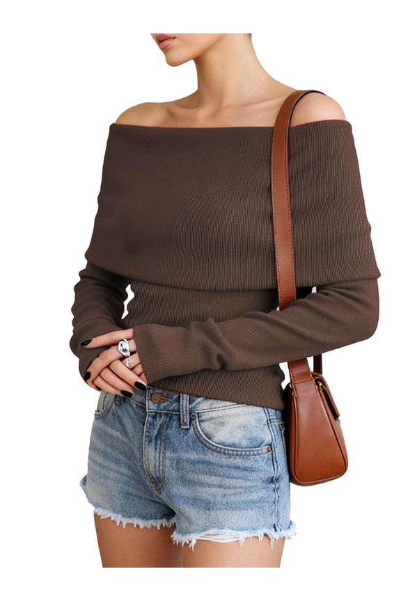 Womens Off The Shoulder Sweater Long Sleeve Tops Pullover Sweaters for Women, Sizes S-L, Coffee
