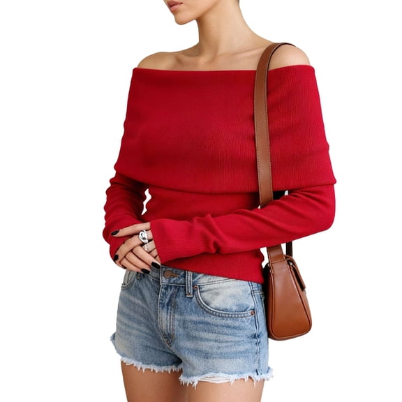 Spencer Womens Off The Shoulder Sweater Long Sleeve Tops Pullover Sweaters for Women, Sizes S-L, Red
