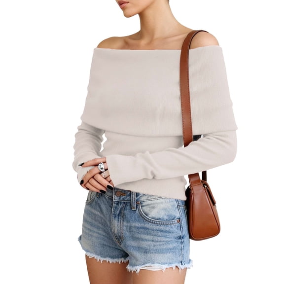 Spencer Womens Off The Shoulder Sweater Long Sleeve Tops Pullover Sweaters for Women, Sizes S-L, White