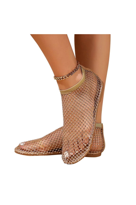 Womens Sandals Comfort Shiny Gem Mesh Flats Dressy Summer Flats Shoes Slip On Sandals for Women, Size 5-12, Gold