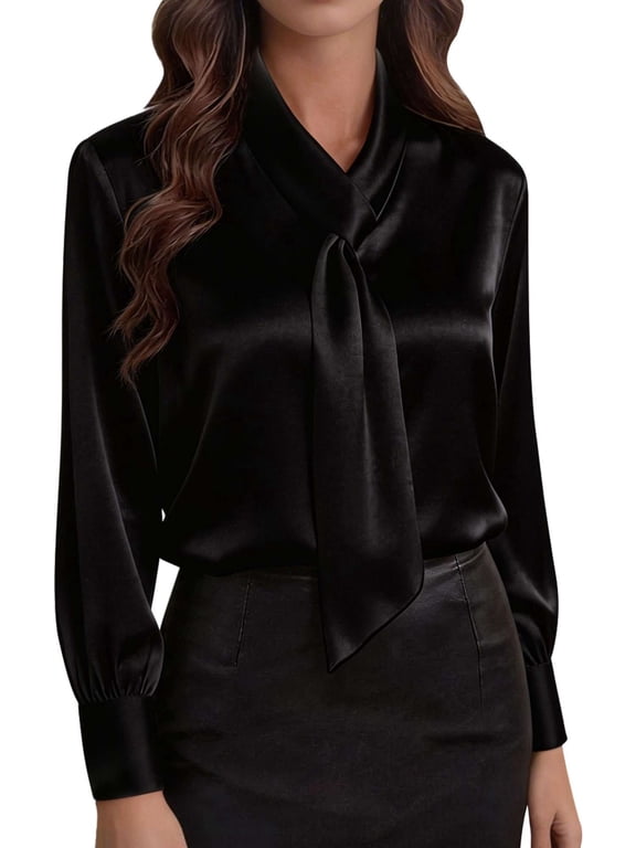 Womens Satin Blouses Silk Dressy Shirts Long Sleeve Business Casual Elegant Tops Solid Color for Ladies, Black