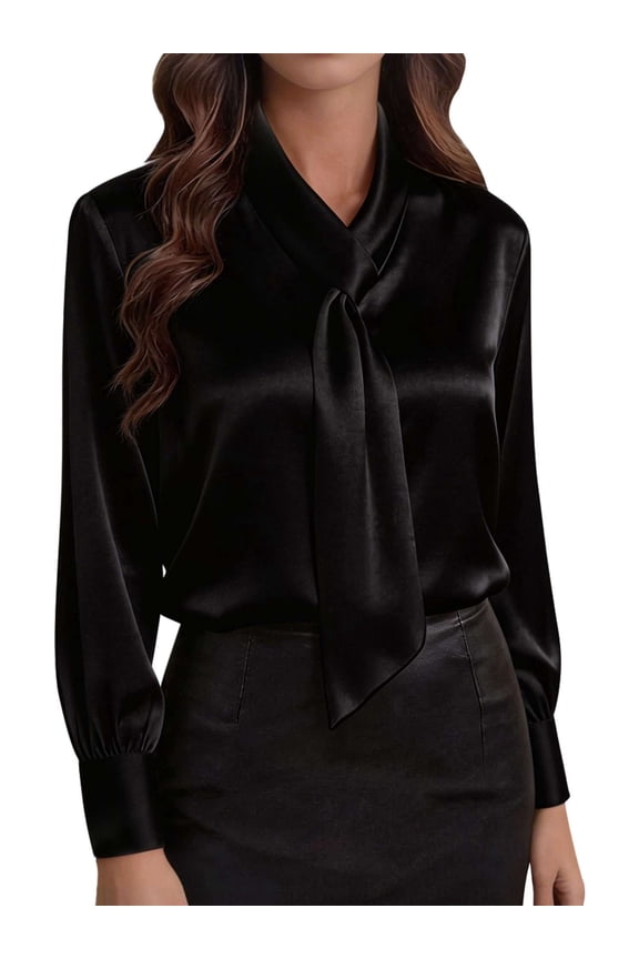Womens Satin Blouses Silk Dressy Shirts Long Sleeve Business Casual Elegant Tops Solid Color for Ladies, Black
