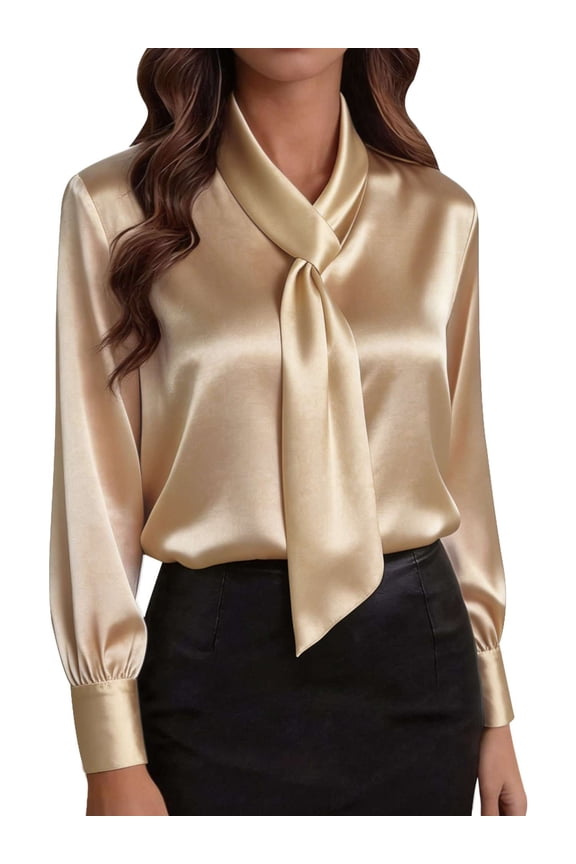 Womens Satin Blouses Silk Dressy Shirts Long Sleeve Business Casual Elegant Tops Solid Color for Ladies, Champagne