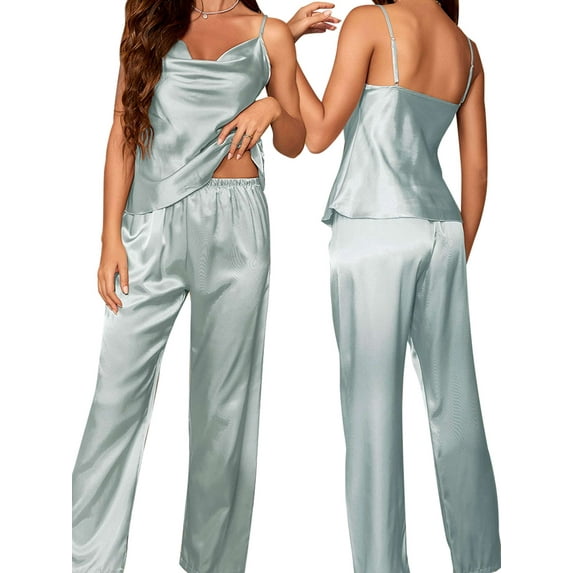 Spencer Womens Satin Pajama Set Silk Sleeveless Camisole Tops with Long Pajama Pant Two-piece Pjs Set Soft Sleepwear Loungewear Nightwear, Blue, L