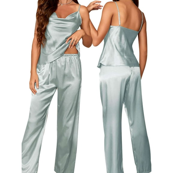 Spencer Womens Satin Pajama Set Silk Sleeveless Camisole Tops with Long Pajama Pant Two-piece Pjs Set Soft Sleepwear Loungewear Nightwear, Blue, M