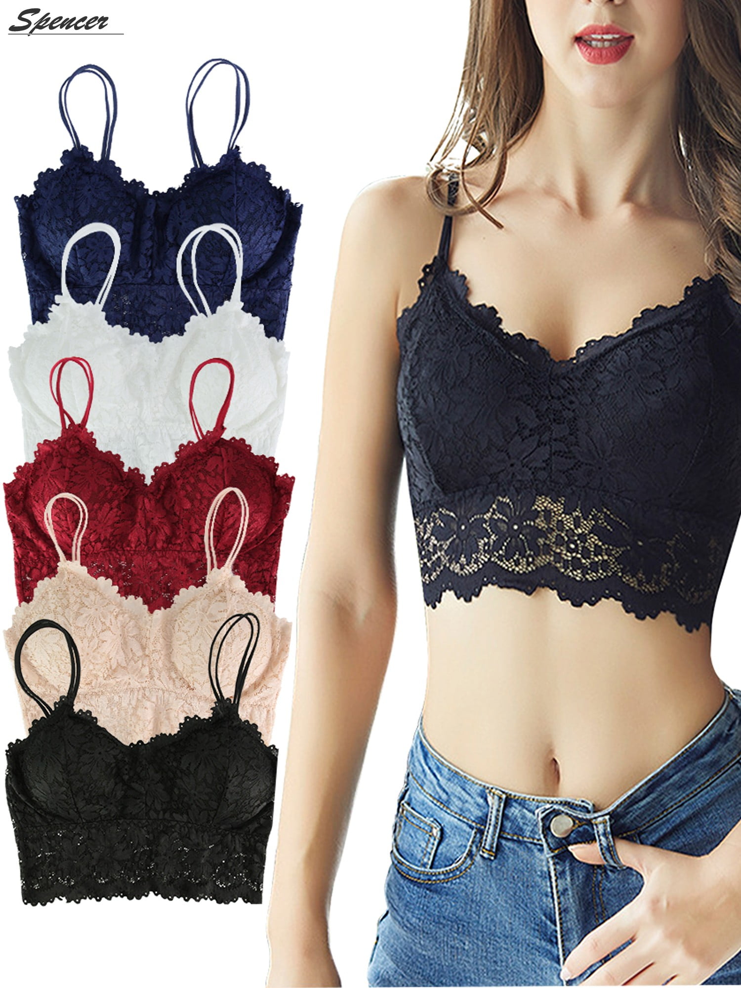 Spencer Womens Sexy Lace Backless Bralette Bra Vest Crochet Tank Camisole Padded Bra Crop Top Lingerie
