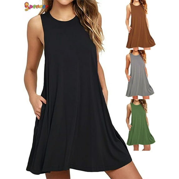 Spencer Womens Summer Casual Swing T-Shirt Dresses Beach Cover up Pockets Loose Dress Plus Size (Black, M)