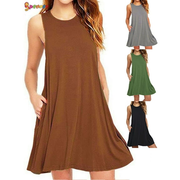 Spencer Womens Summer Casual Swing T-Shirt Dresses Beach Cover up Pockets Loose Dress Plus Size (Brown, S)