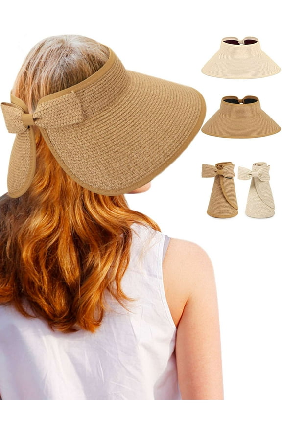 Womens Sun Hat Wide Brim Beach Hat Straw Visor Ponytail Summer UV Packable Foldable Beach Vacation Essentials
