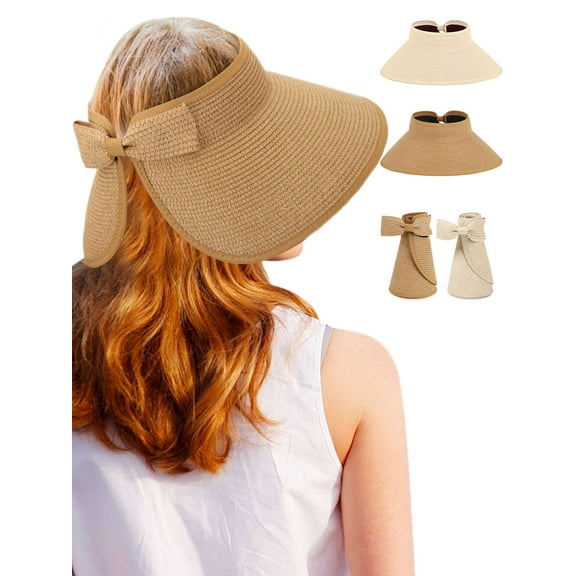 Spencer Womens Sun Hat Wide Brim Beach Hat Straw Visor Ponytail Summer UV Packable Foldable Beach Vacation Essentials