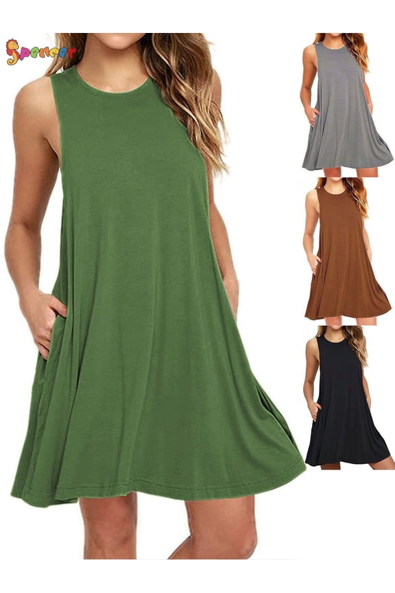 Womens Tank Dress Summer Casual Swing T-Shirt Dresses Beach Cover up Pockets Loose Dress Plus Size (Green, S)