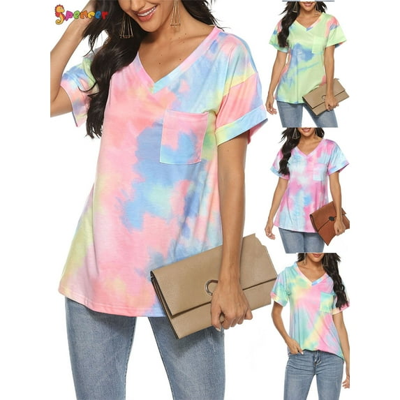 Spencer Womens Tie-Dye Printed Gradient Pocket Front T-Shirts V Neck Short Sleeve Casual Tunic Blouse Tops (L, Pink)