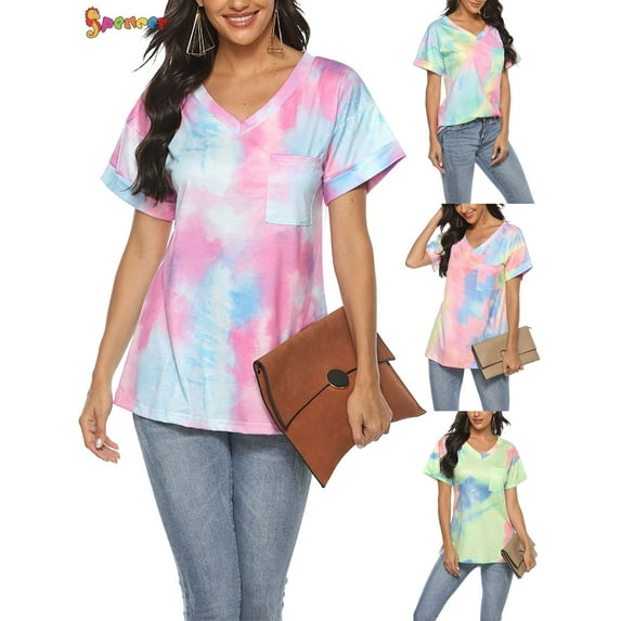 Spencer Womens Tie-Dye Printed Gradient Pocket Front T-Shirts V Neck Short Sleeve Casual Tunic Blouse Tops (L, Purple)