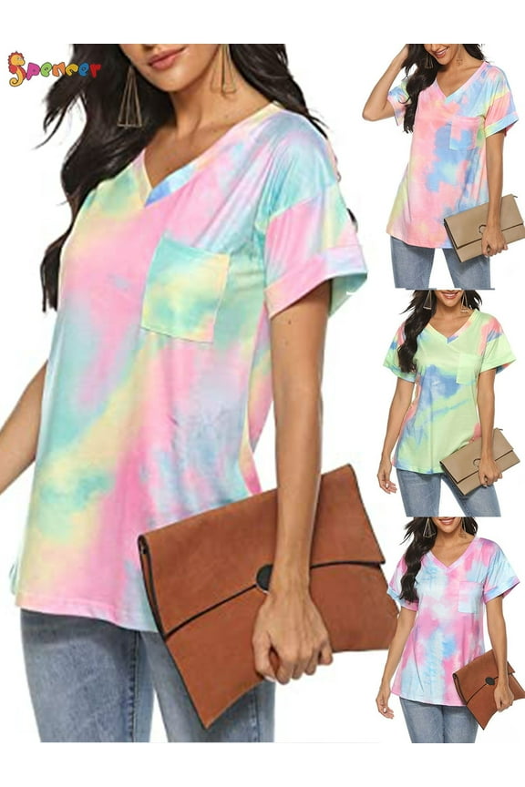 Womens Tie-Dye Printed Gradient Pocket Front T-Shirts V Neck Short Sleeve Casual Tunic Blouse Tops (M, Purple Yellow)