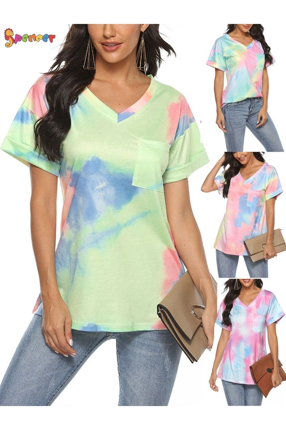 Womens Tie-Dye Printed Gradient Pocket Front T-Shirts V Neck Short Sleeve Casual Tunic Blouse Tops (S, Light Green)