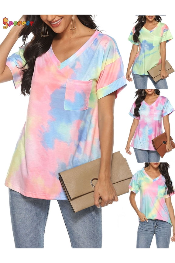 Womens Tie-Dye Printed Gradient Pocket Front T-Shirts V Neck Short Sleeve Casual Tunic Blouse Tops (S, Pink)