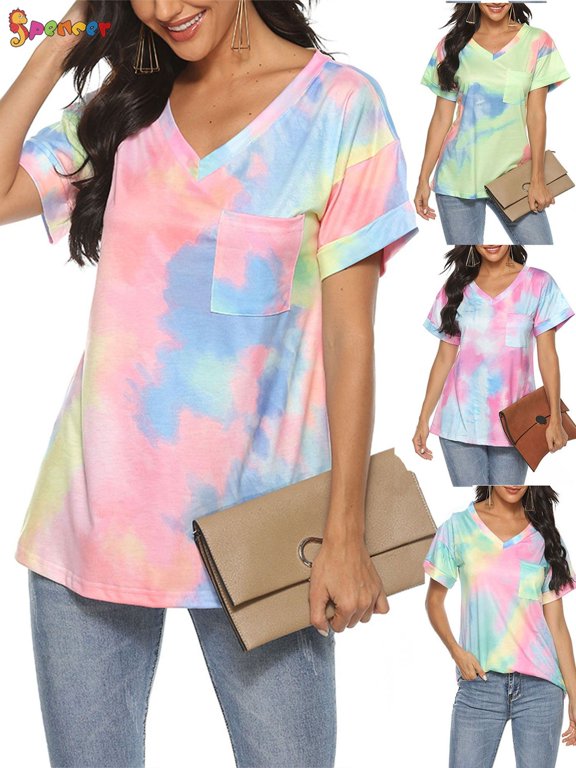 Womens Tie-Dye Printed Gradient Pocket Front T-Shirts V Neck Short Sleeve Casual Tunic Blouse Tops (S, Pink)