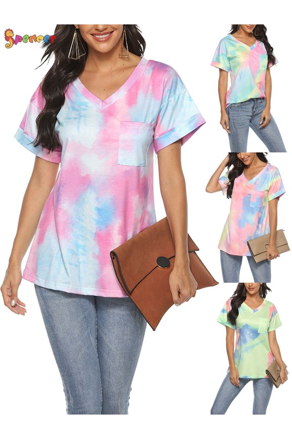 Womens Tie-Dye Printed Gradient Pocket Front T-Shirts V Neck Short Sleeve Casual Tunic Blouse Tops (S, Purple)