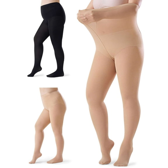 Spencer Womens Tights Plus Size Women's 120D Soft Solid Color Semi Opaque Footed Tights Compression Pantyhose, Black&Skin, 2 Pack