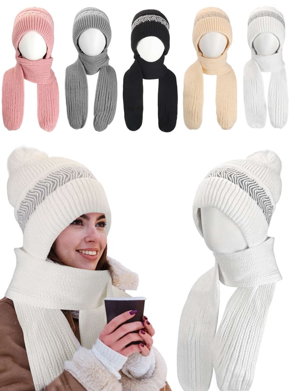 Womens Winter Hats Scarf All in One Warm Knit Beanie Hat with Pompom Long Scarf Skull Cap Neck Warmer for Girls, Pink