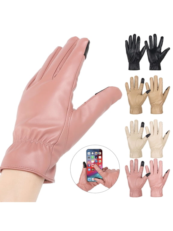 Womens Winter Warm Gloves with Touch Screen Texting, Fleece Lined Windproof Gloves PU Leather Thermal Snow Driving Gloves, Pink