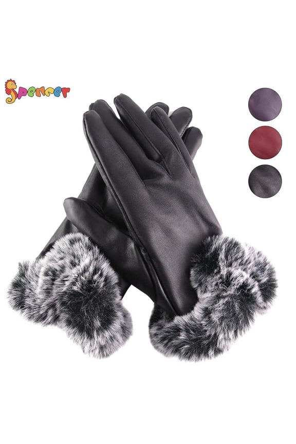 Womens Winter Warm Leather Gloves Touchscreen Texting Gloves PU Thermal Lining Plush Cuff Driving Gloves "Black"