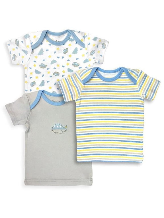 Spencers 152B-3-6 3 Piece Blue, White, Grey & Yellow Boys T Shirt Set, Planes & Stripes Prints - 3-6 Months