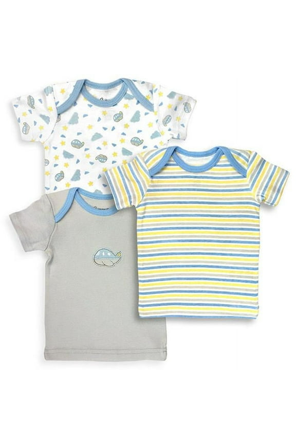 Spencers 152B-3-6 3 Piece Blue, White, Grey & Yellow Boys T Shirt Set, Planes & Stripes Prints - 3-6 Months