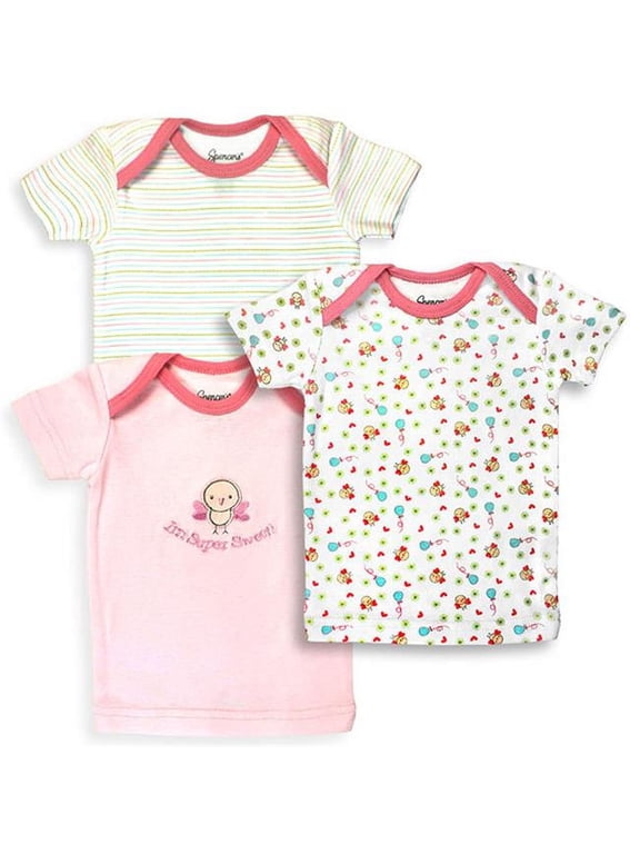 Spencers 152G-3-9 3 Piece Pink & White Girls T Shirt Set, Birdies & Stripe Prints - 6-9 Months