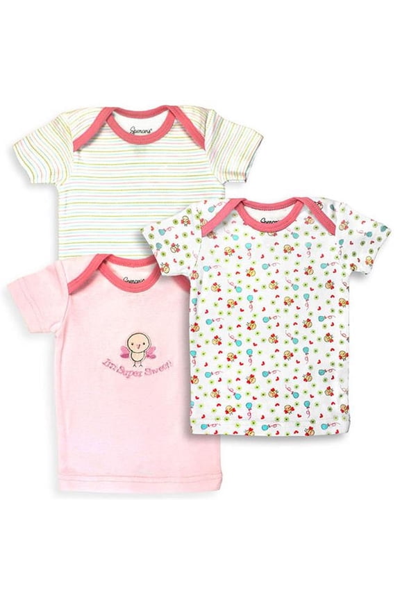 Spencers 152G-3-9 3 Piece Pink & White Girls T Shirt Set, Birdies & Stripe Prints - 6-9 Months